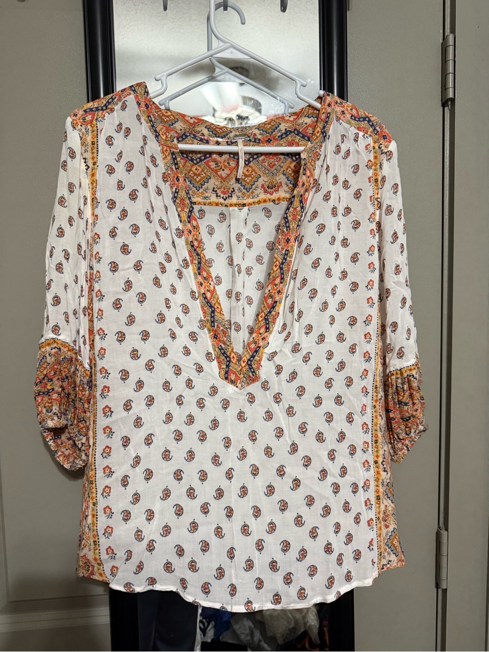 Free People White Paisley V-Neck Blouse with Orange Accents